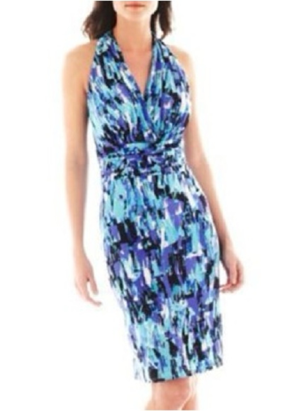 Black Label by Evan Pincone blue patterned V-neck ruched waist dress
